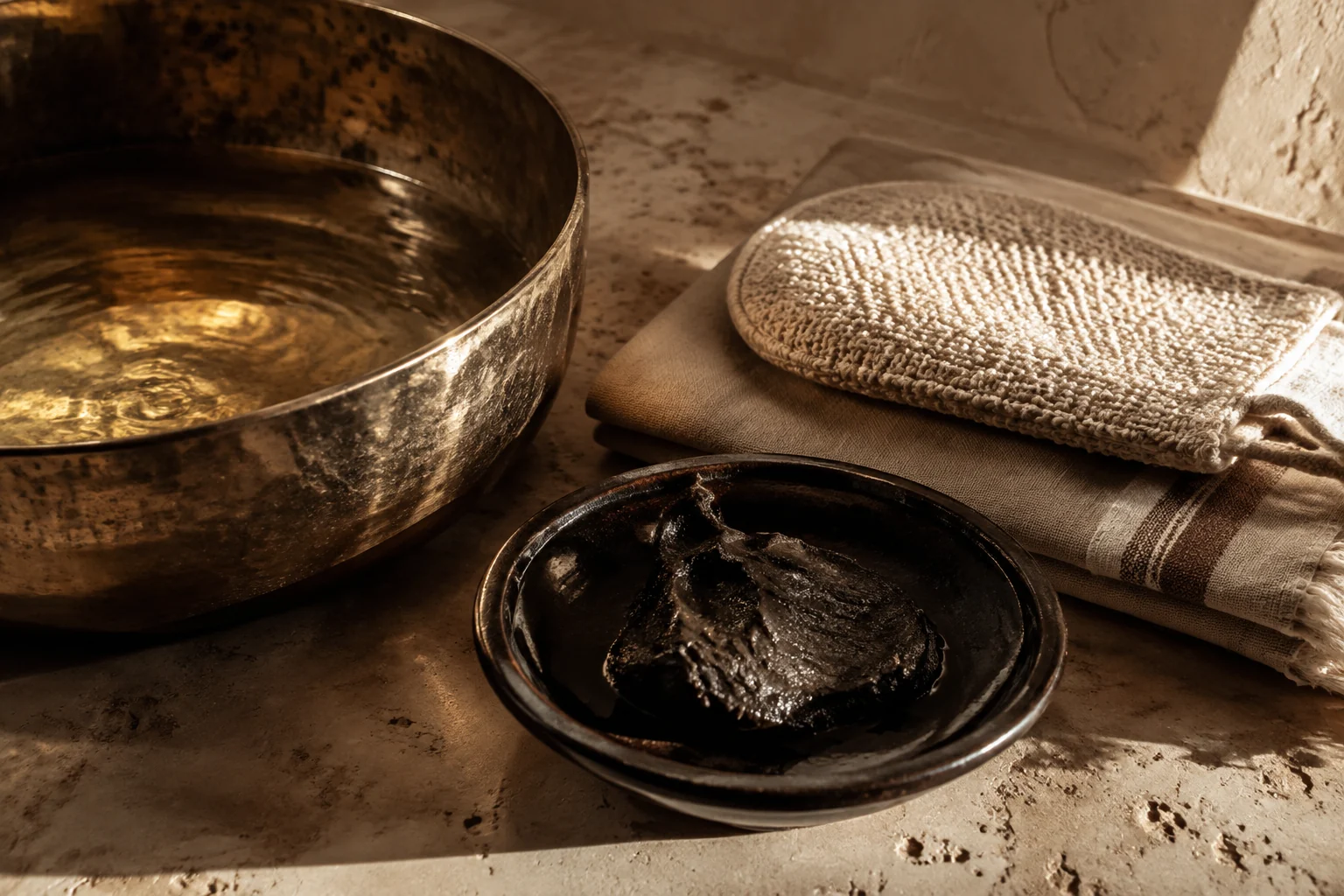 Doğal dokular ve hamam ritüeli detayları — konsept görsel